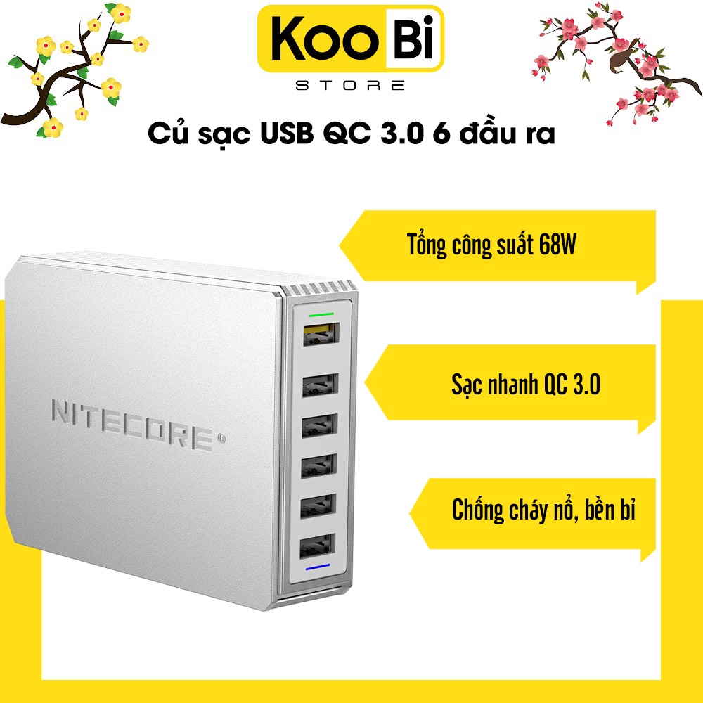 Củ sạc 6 cổng - UA66Q - Nitecore - Củ sạc 6 cổng QC 3.0 sạc đồng thời nhiều thiết bị tốc độ cao