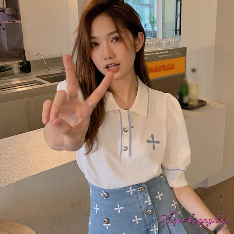 Áo Thun Tay Ngắn Phồng Cổ Bẻ Thêu Họa Tiết Phong Cách Retro Dành Cho Nữ