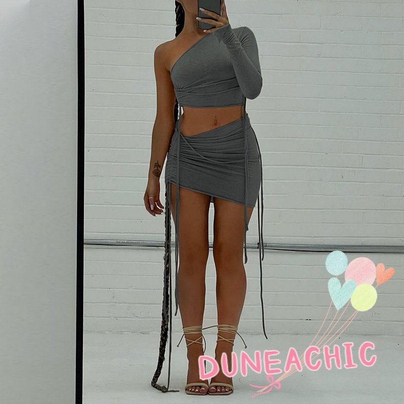 DUNEA Set Áo Croptop Trễ Vai + Chân Váy Bút Chì Thiết Kế Dây Rút Nữ Tính