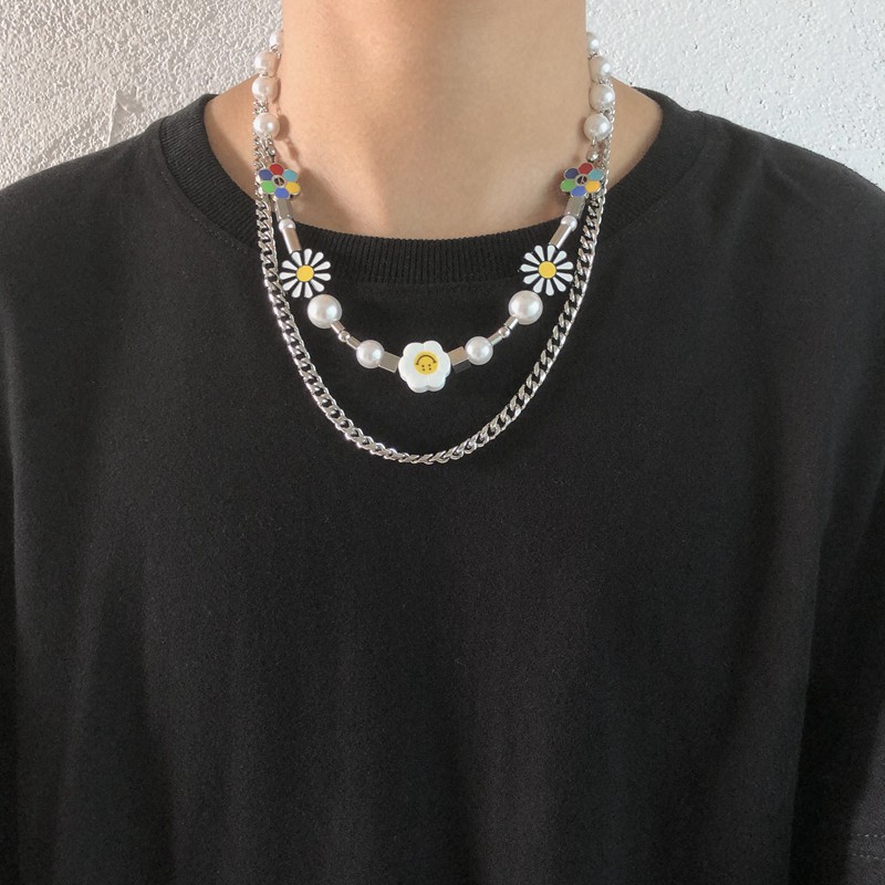 Dây Chuyền Mặt Hình Hoa Cúc Đính Ngọc Trai Phong Cách Hip Hop