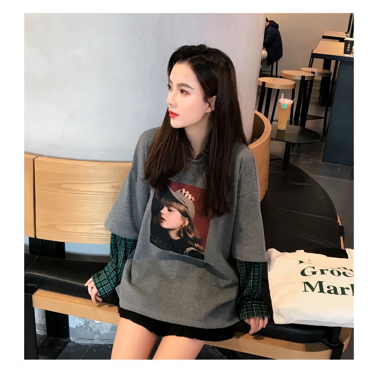 Áo Hoodie Dài Tay Giả Hai Lớp Mới Cho Nữ