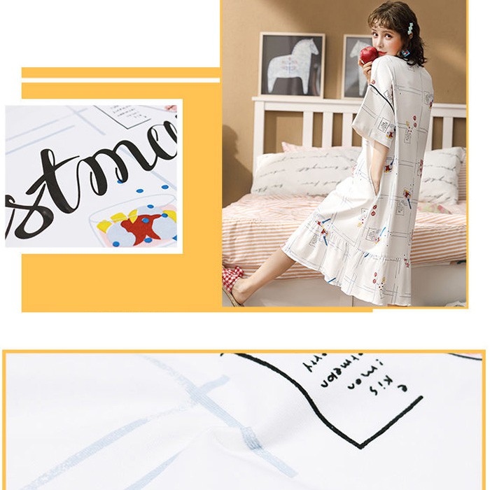 Đầm Ngủ Cotton Tay Ngắn Dáng Rộng In Họa Tiết Hoạt Hình Phong Cách Hàn Quốc Thời Trang Mùa Hè Cho Nữ