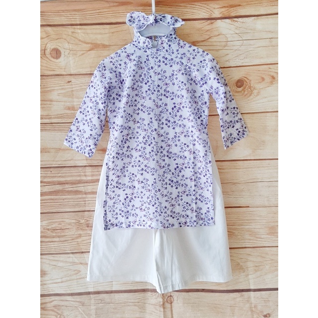 10-38kg Set áo dài trắng hoa tím quần trắng kèm băng đô cho bé gái