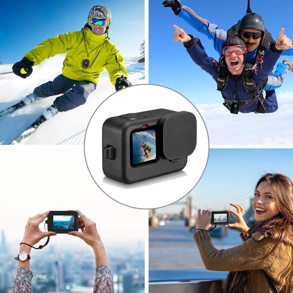 Vỏ bảo vệ silicon Lammcou màu đen có dây buộc và phụ kiện che ống kính dành cho GoPro Hero 10 Hero 9