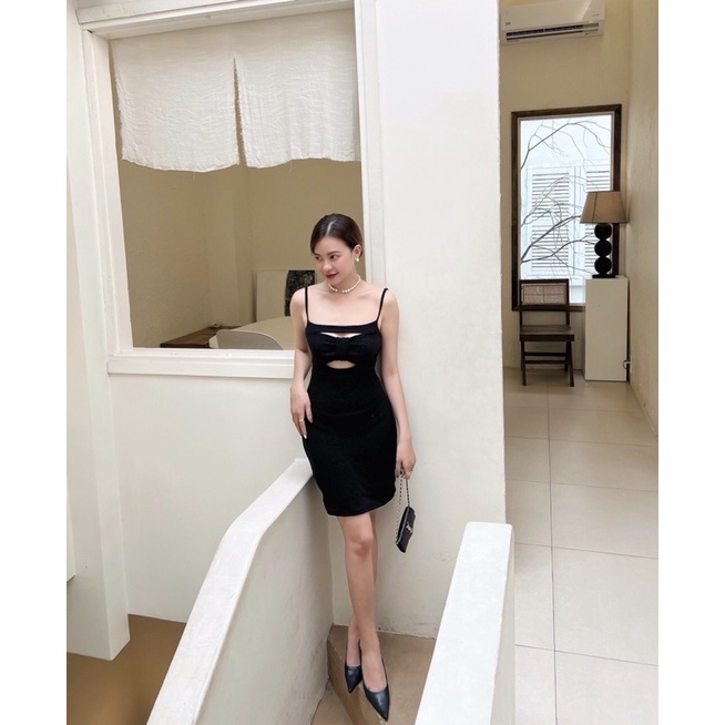 [HÀNG THIẾT KẾ CAO CẤP] Đầm Body Hai Dây Cut Out Ngực Tôn Dáng Đi Tiệc Sang Trọng Màu Đen Form Ngắn