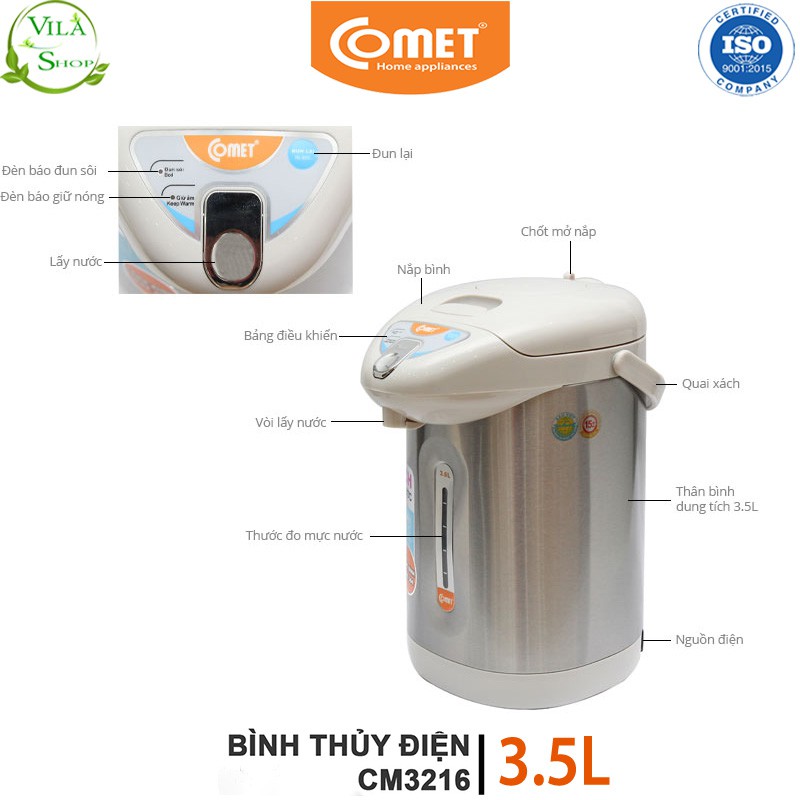 Bình Thủy Điện Comet CM3216, Bình Thủy Thông Minh, Chất Liệu Inox Cao Cấp Đa Năng Kháng Khuẩn Khử Mùi