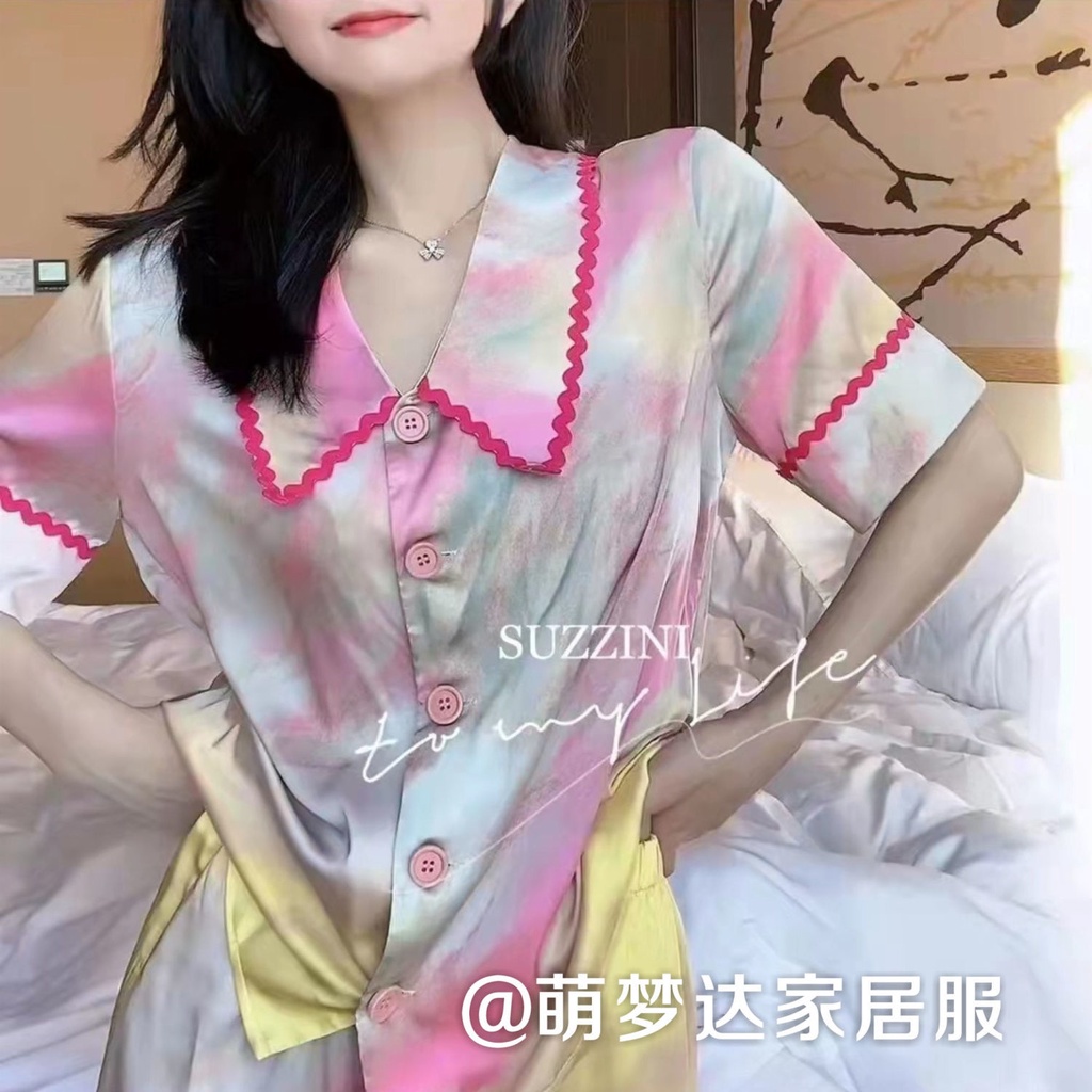 Bộ Đồ Ngủ Ngắn Tay Họa Tiết Màu Nhuộm Thời Trang Mùa Hè Cho Nữ