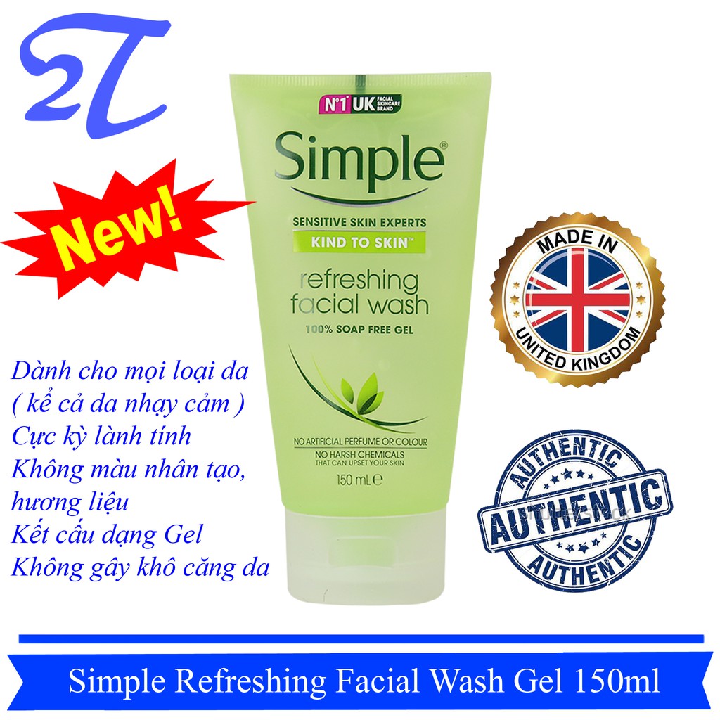 [AUTH] Sữa rửa mặt Simple Kind To Skin Refreshing Facial Wash Gel 150ml