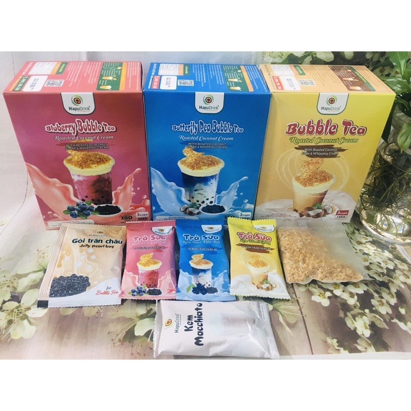Trà Sữa Kem Dừa Nướng tự pha-Set 5 ly kèm Dừa nướng,Kem Machiato siêu béo và Trân Châu 3Q-Nguyên Liệu Trà Sữa CRICKET