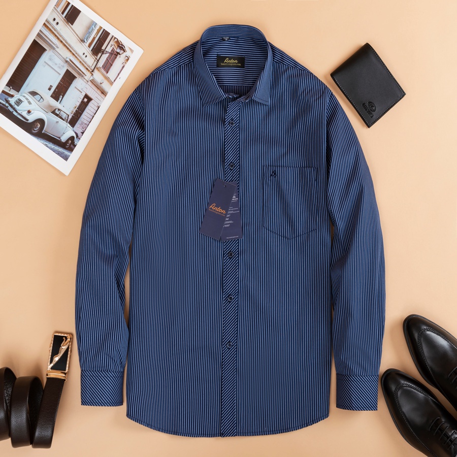 [HÀNG VIỆT NAM] Áo Sơ Mi Nam Công Sở Thương Hiệu Anton Dài Tay Vải Cotton Kẻ Sọc Dọc Màu Xanh Tím Than - 303 | BigBuy360 - bigbuy360.vn
