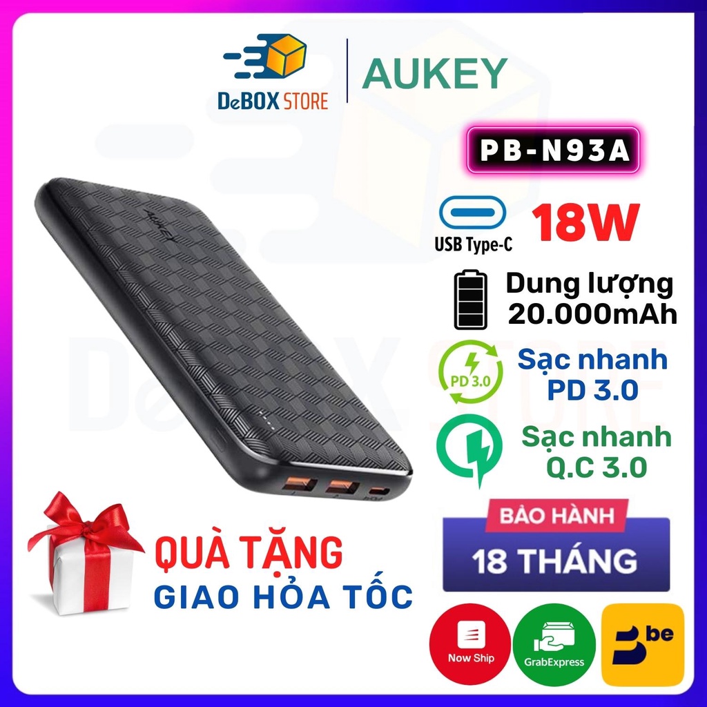 【Giao Hỏa Tốc】Pin Sạc Dự Phòng Aukey PB-N93A 20000mAh Cổng USB-C Sạc Nhanh PD3.0 18W + USB-A QC 3.0 18W - Chính Hãng