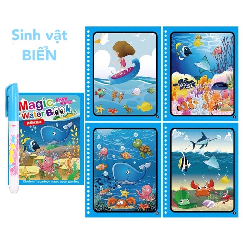Tranh Tô Màu Nước Ma Thuật Tự Xóa, Sách Tập Tô Thần Kỳ, Magic Water Book Cho Bé Giá Tốt Với 12 Chủ Đề Tặng 1 Bút Tô Màu
