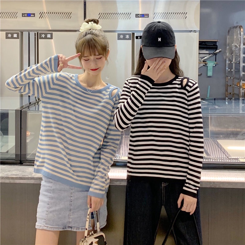 Áo Sweater Tay Dài Dáng Rộng Họa Tiết Kẻ Sọc Phong Cách Phương Tây Thời Trang Mùa Thu Cho Nữ