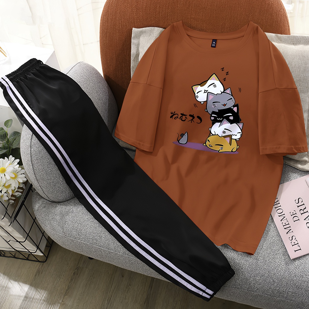 Sét Bộ xinh mặc ở nhà Áo form rộng oversize + quần thể thao chất liệu Cotton mềm mát dễ thương