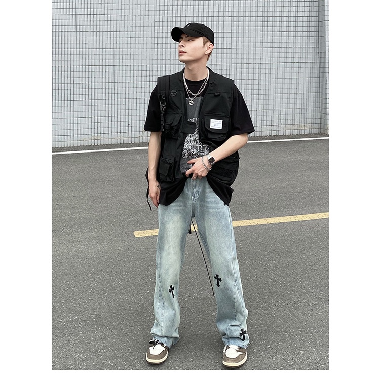 Quần Jeans nam ống rộng họa tiết thánh giá, Quần bò nam phong cách Streetwear