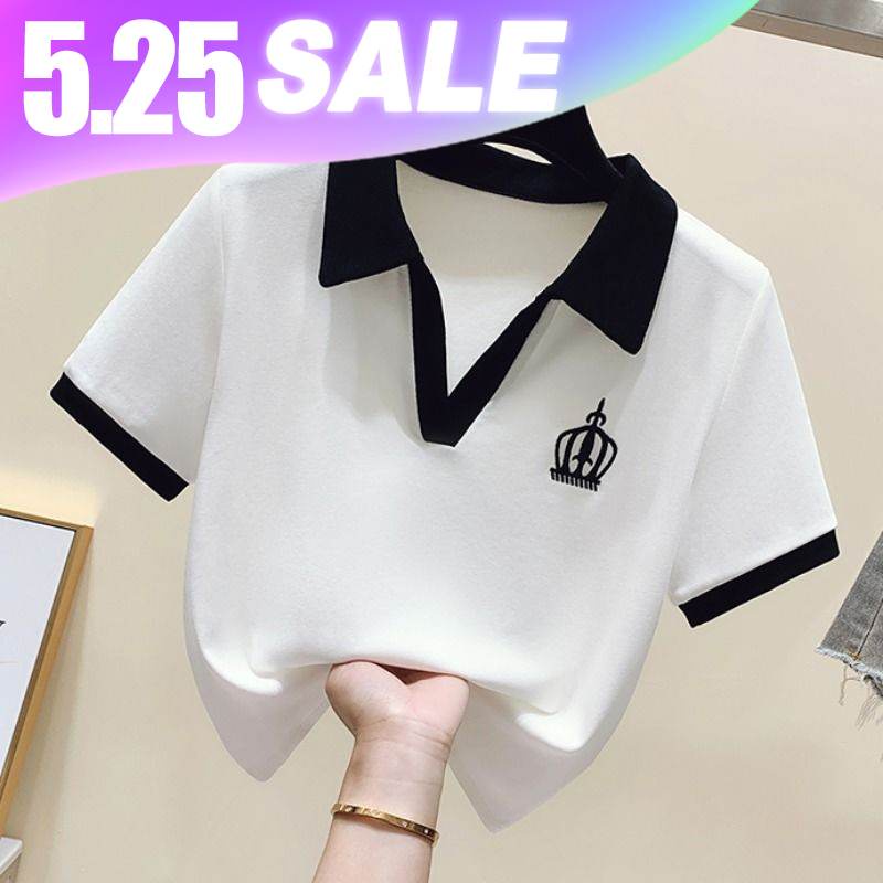 Áo thun polo dáng ngắn cổ V tay ngắn phong cách hè cho nữ