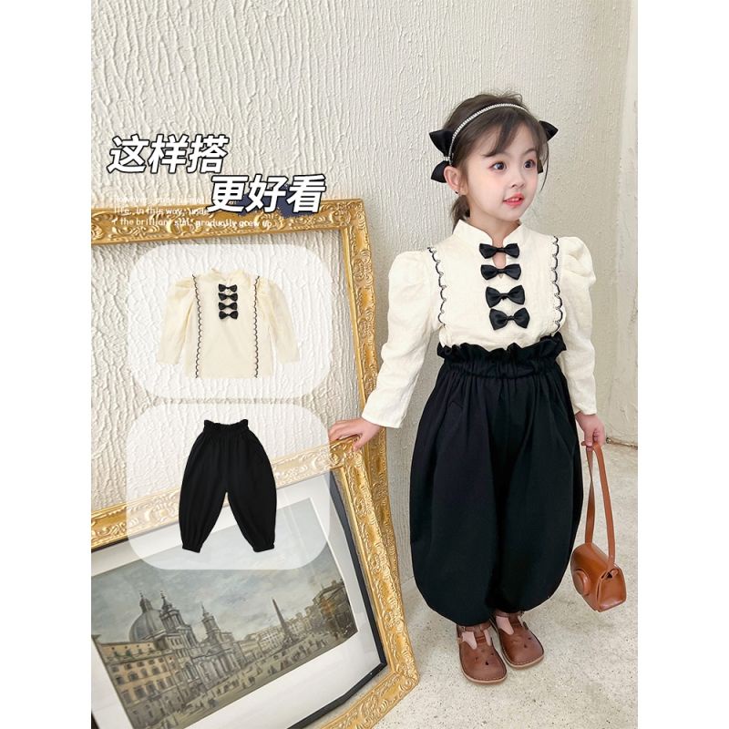 Bộ Áo Tay Phồng Đính Nơ + Quần Dài Thời Trang Xuân Thu Cho Bé Gái