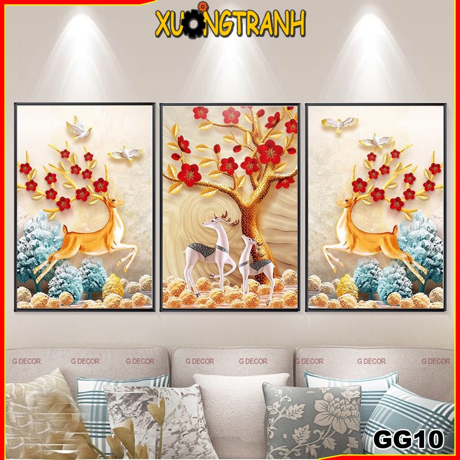 Tranh treo tường canvas 3 bức phong cách Bắc Âu 10, tranh hươu tài lộc trang trí phòng khách, phòng ngủ, phòng ăn, spa