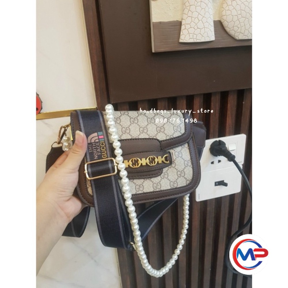 SALE túi xách nữ đeo chéo in họa tiết dây bản to kèm dây ngọc sang chảnh SHOP LUXURY