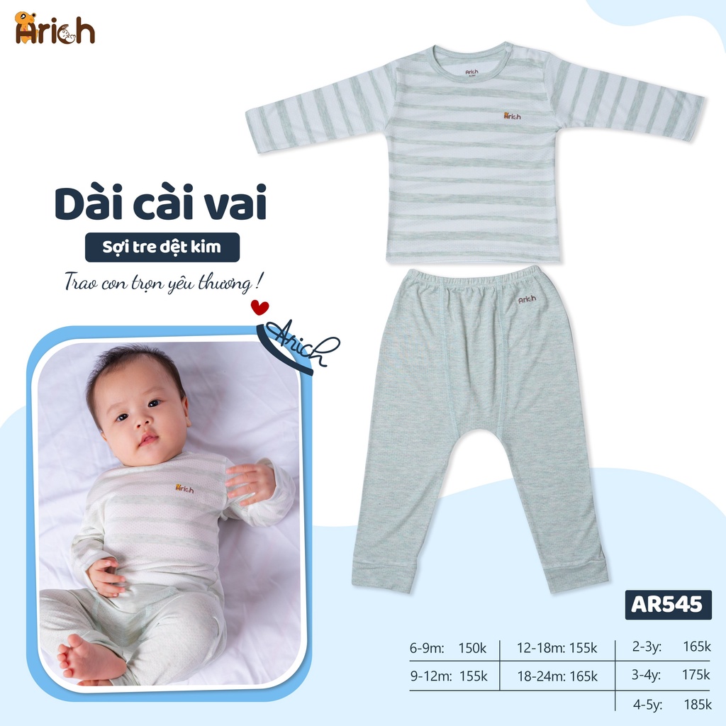 Bộ quần áo dài tay cài vai Arich vải sợi tre, đồ bộ cho bé siêu mềm mịn, thoáng khí, kháng khuẩn tự nhiên