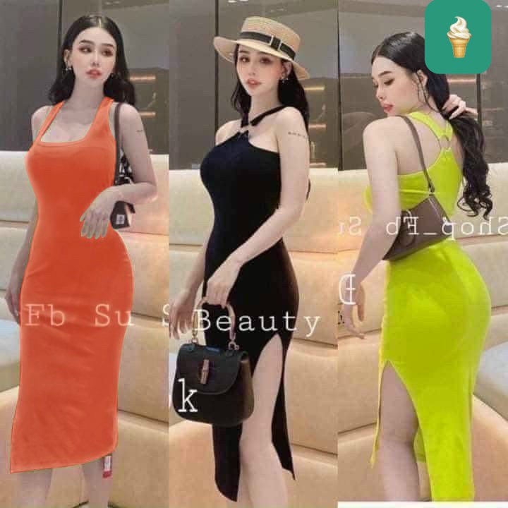 đầm nữ, đầm kiểu, đầm đẹp mặc 2 kiểu yếm hoặc ba lỗ xẻ tà khoen cực sexy chất gân
