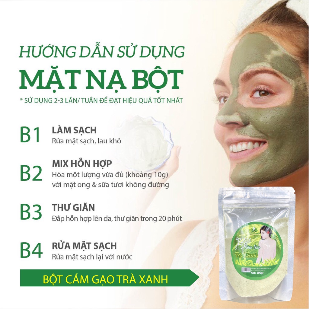 Bột cám gạo trà xanh làm da trắng hồng tự nhiên 100gr