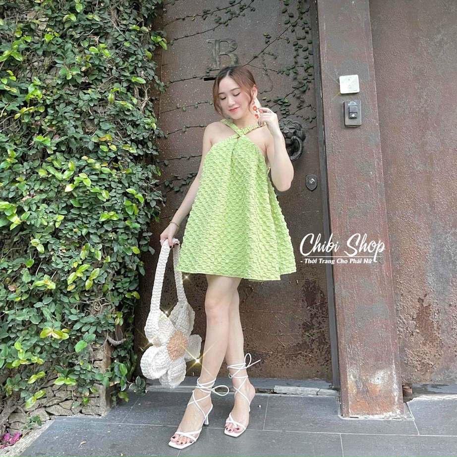 Đầm babydoll vintage đũi xốp cực đẹp, đầm tiểu thư babydoll 2 dây đan chéo dễ thương xinh xắn