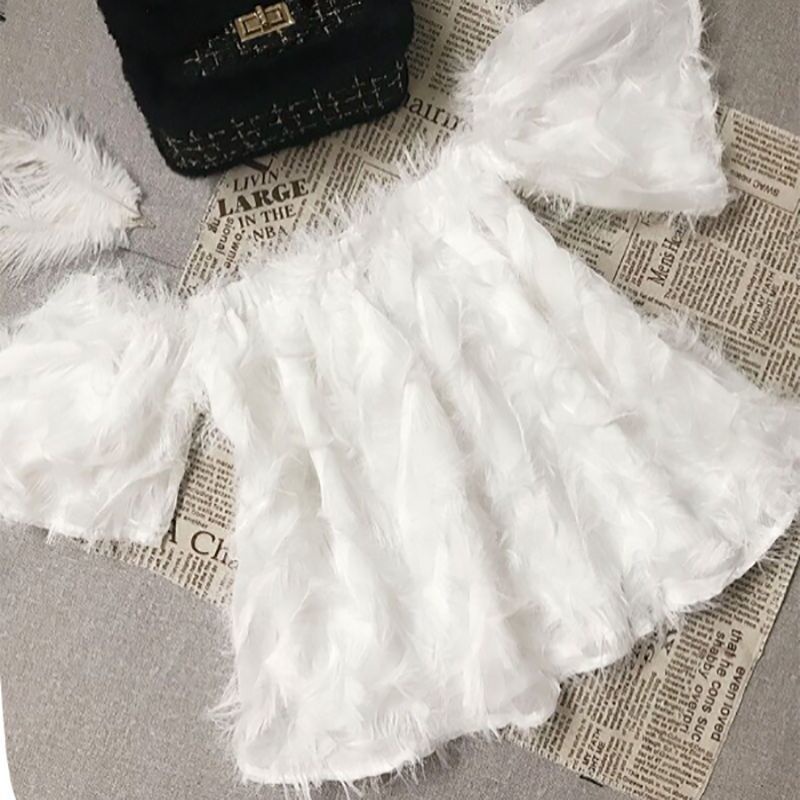 Áo Kiểu Vải Voan Trễ Vai Phối Tua Rua Lông Vũ Ngắn Lưng Co Giãn Gợi Cảm Mùa Hè Đi Hộp Đêm Dành Cho Bạn Nữ
