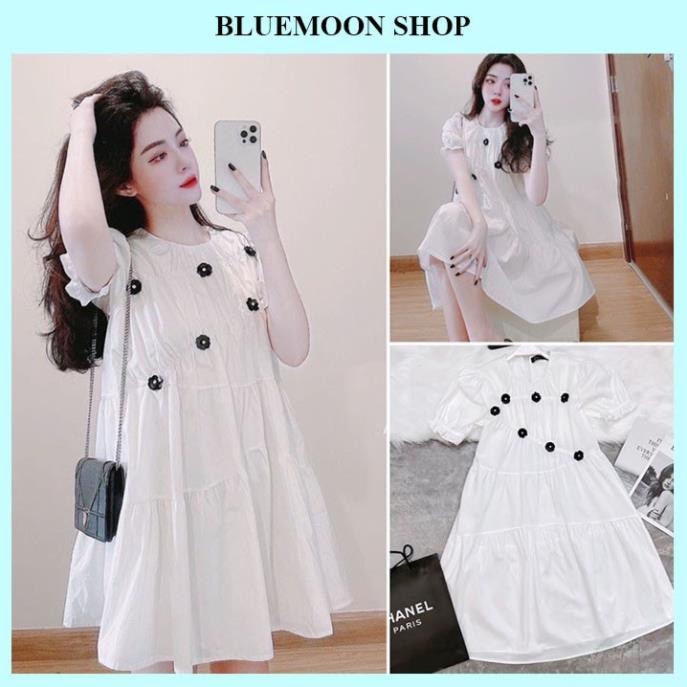Váy Bầu Baybe Doll Thời Trang Thiết Kế Màu Trắng Đính Hoa Đen Cực Đẹp .