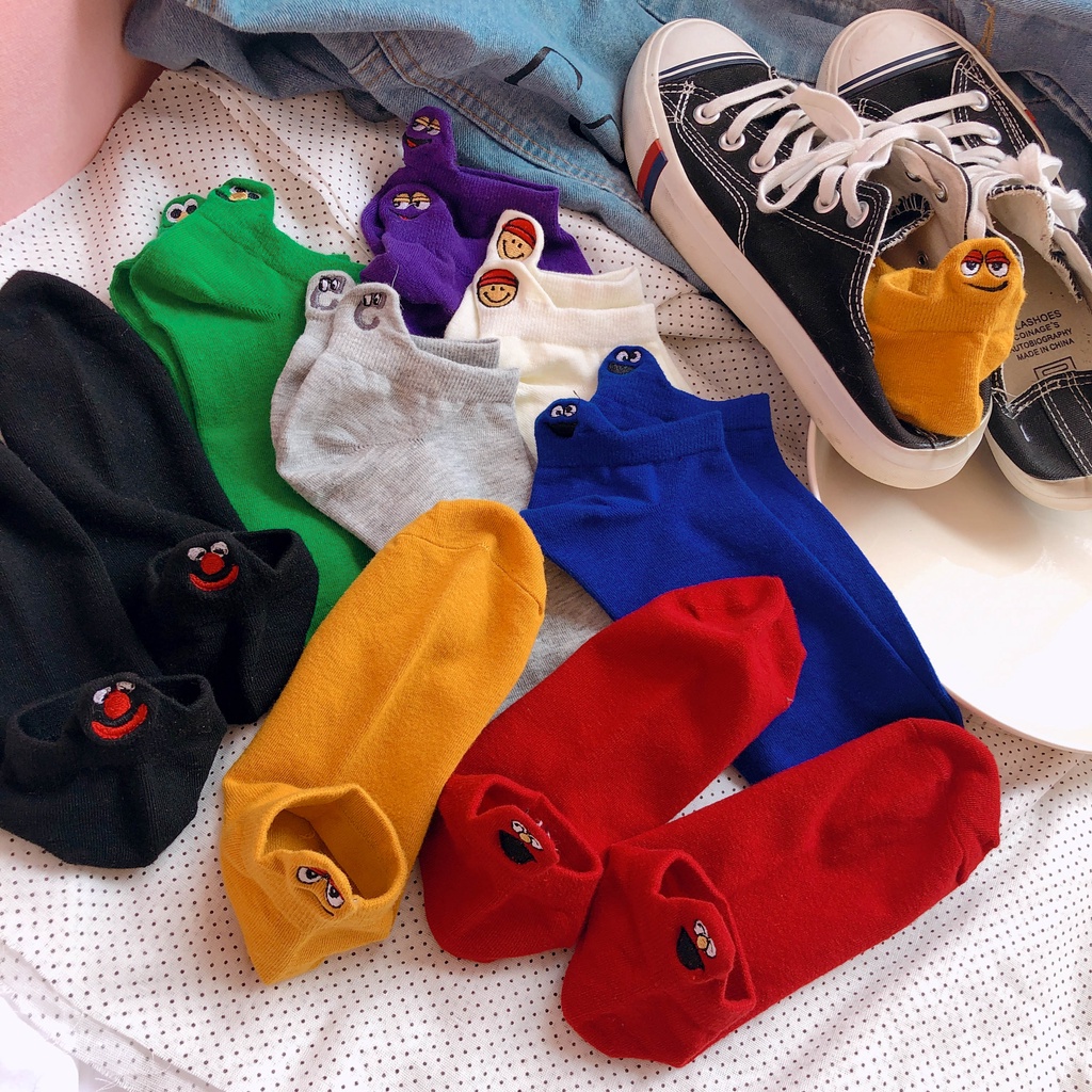 Vớ WAFNHA D259 cotton cổ thấp thêu họa tiết biểu tượng cảm xúc hoạt hình đáng yêu cho nữ