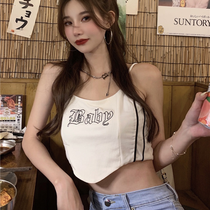 Áo ngắn 2 dây thêu chữ gợi cảm cho nữ