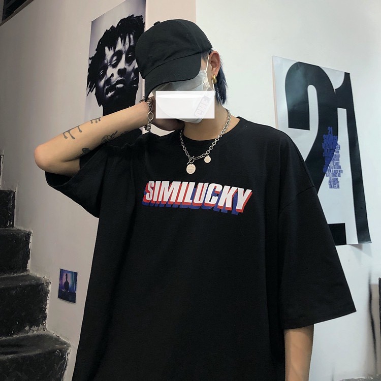 Áo thun tay lỡ form rộng unisex chữ ngực SIMILUCKY, áo phông nam nữ phong cách ulzzang hàn quốc