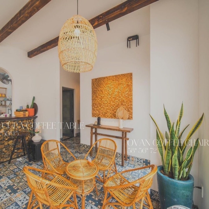 Combo Bàn Tròn Mây 2 tầng và ghế cafe ovan dành cho ban công, sân vườn, phòng khách, quán cafe, homestay, nhà hàng, trà.
