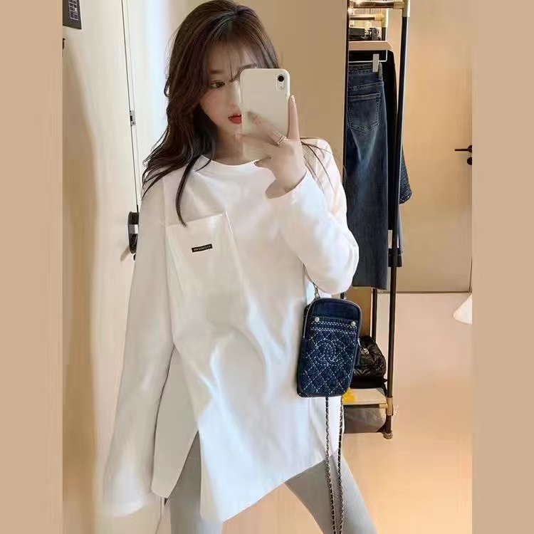M-2XL Áo Thun Tay Dài Xẻ Tà Form rộng Màu Trơn Thời Trang Hàn Quốc Cho Nữ 9h0B