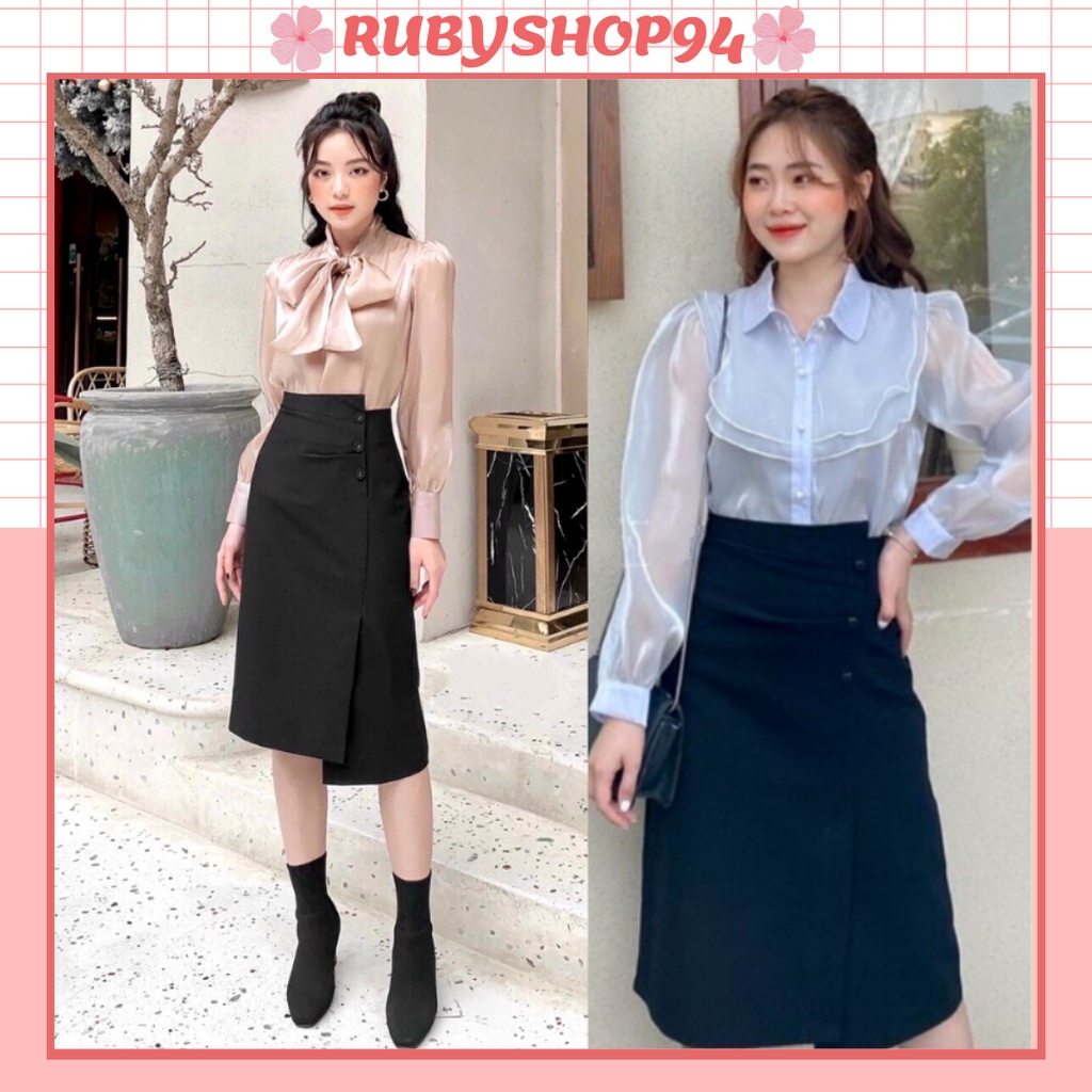 ◘℡◙ Chân váy xẻ tà công sở dài qua gối, dập ly lưng cao dáng bút chì đẹp