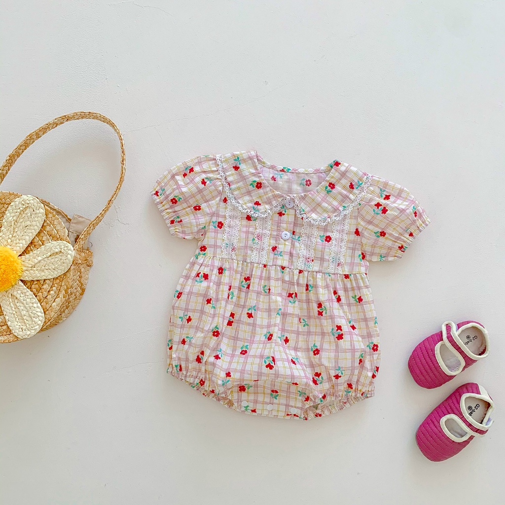 Đầm Công Chúa Cổ Ren Chất Liệu Cotton Họa Tiết Hoa Màu Hồng Thời Trang Mùa Hè Cho Bé Gái Sơ Sinh