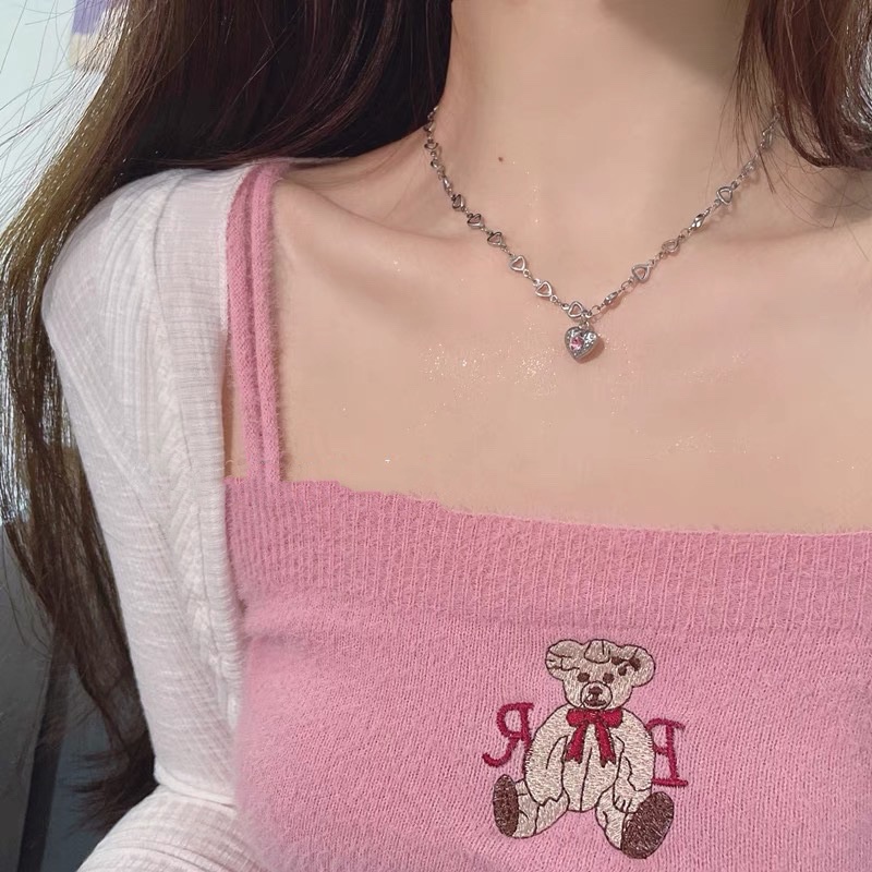 Vòng cổ mặt hình trái tim đính đá màu hồng ngọt ngào đơn giản cổ điển