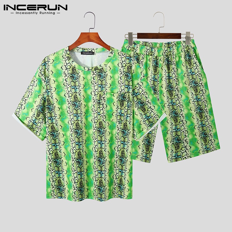 Set đồ mùa hè 2 món INCERUN gồm áo thun tay ngắn in họa tiết da rắn + quần ngắn cho nam