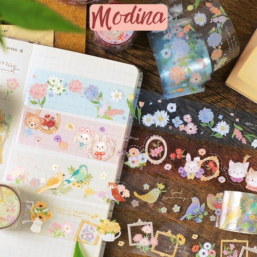 Sticker cute dạng cuộn họa tiết chim hoa mùa xuân MODINA, cuộn sticker tròn trang trí sổ