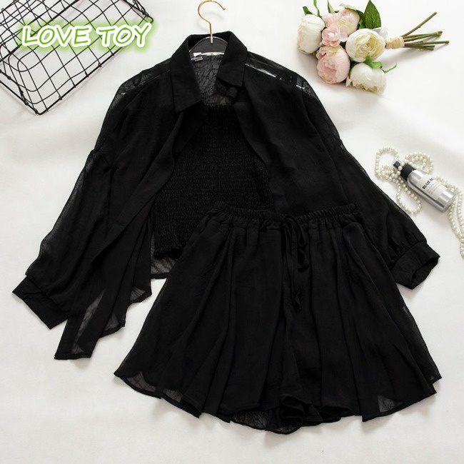 Nkodok Set 3 Món Áo Sơ Mi Ba Lỗ Phối Quần Short Màu Trơn Chống Nắng Thời Trang Mùa Hè Cho Nữ