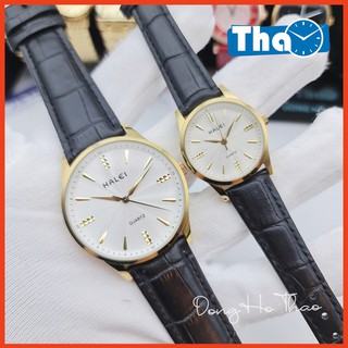 Đồng Hồ Cặp Đôi Halei 549 Dây Da Màu Đen Mặt Trắng Chống Nước