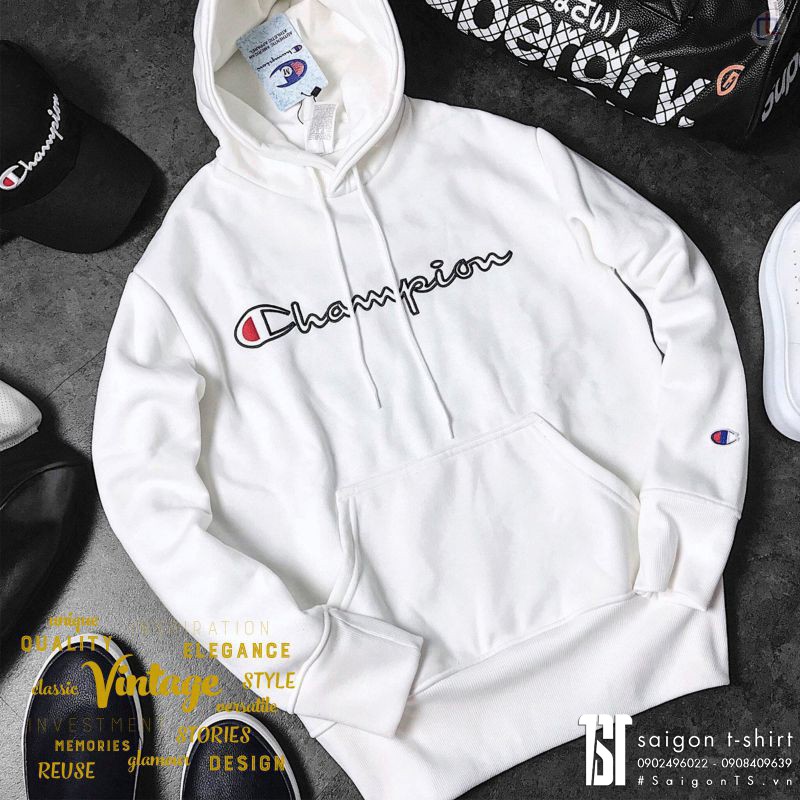 Áo Hoodie Unisex chữ Champion-Nỉ bông mịn có nón (4 màu tự chọn)