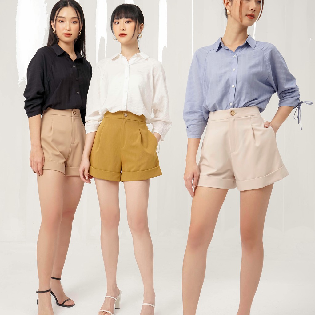 Quần short nữ Méo shop dáng ống suông gập gấu có túi Moss