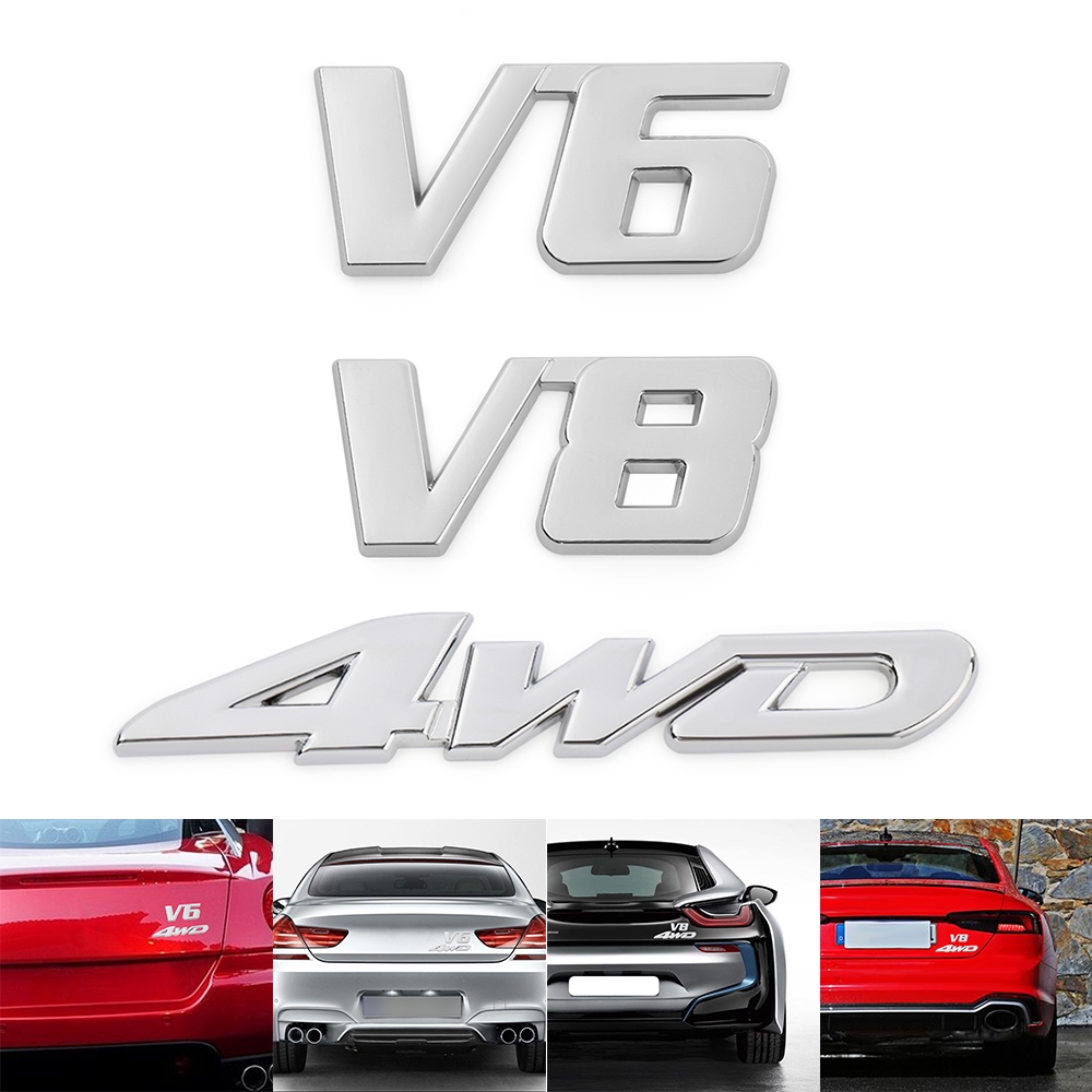 Decal kim loại nổi 3D 4WD V6 V8 dán xe hơi