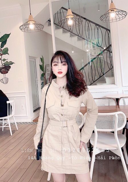 Đầm sơ mi tay dài phối túi