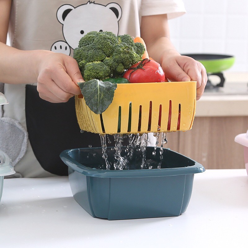 Bộ Rổ Nhựa Kèm Chậu Có Nắp Đậy Dùng Làm Hộp Đựng Hoa Quả Đồ Ăn Thức Ăn Thực Phẩm Để Tủ Lạnh