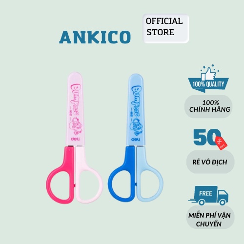 Kéo cắt giấy thủ công cho bé Deli 6021 có nắp bảo vệ an toàn màu Hồng / Xanh ANKICO