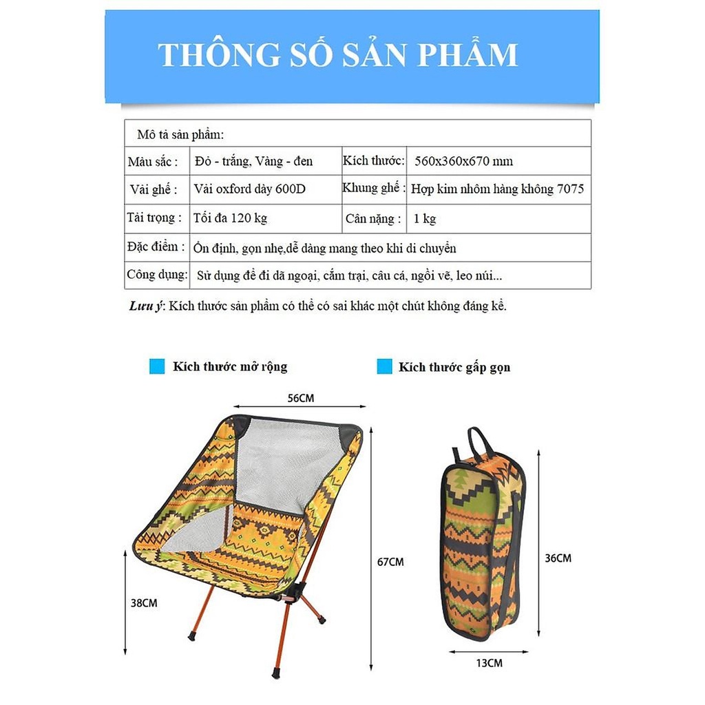 GHẾ DÃ NGOẠI CẮM TRẠI CÂU CÁ GẤP GỌN THỔ CẨM KHUNG NHÔM 7075