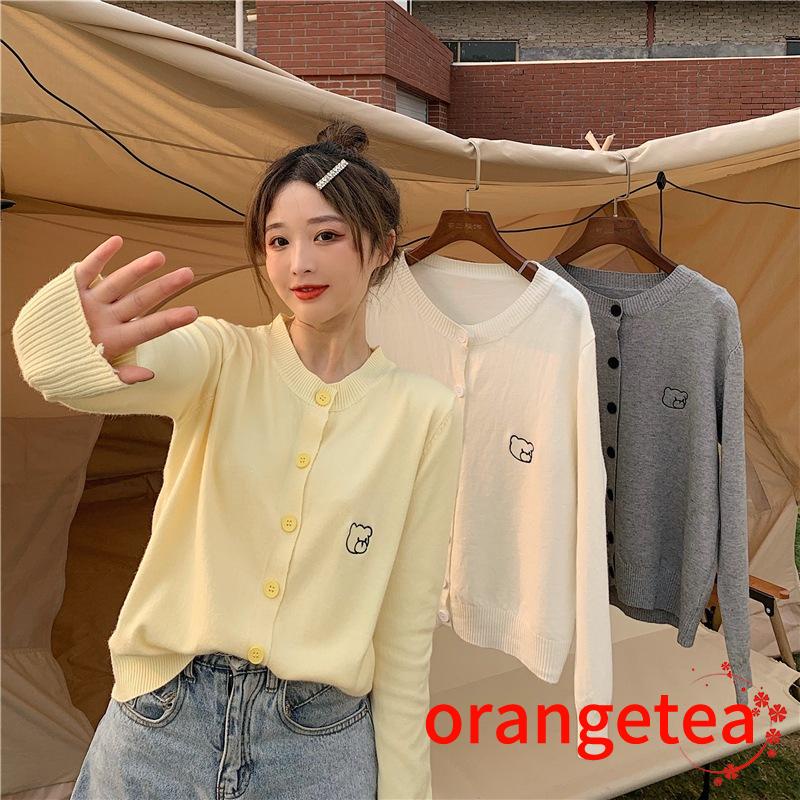 Áo Khoác Cardigan Dệt Kim Tay Dài Cổ Tròn Thêu Hình Gấu Dễ Thương Cho Nữ