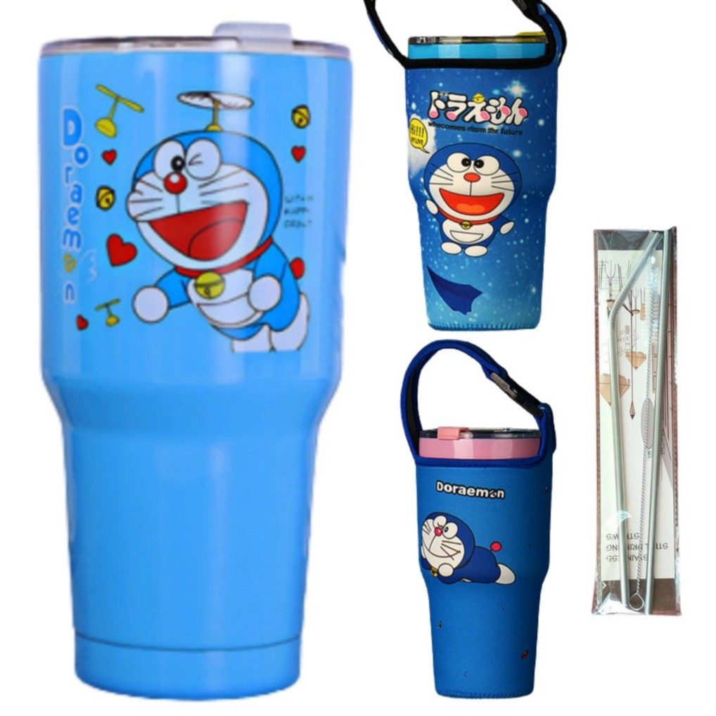 COMBO LY GIỮ NHIỆT DOREMON XANH 900ML (TÚI, 2 ỐNG HÚT, CỌ)